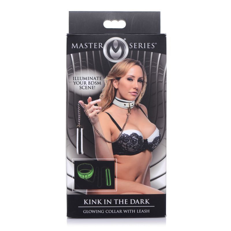 Kink in the Dark glowing collar and lead set packaging featuring a model with elegant black lingerie.
