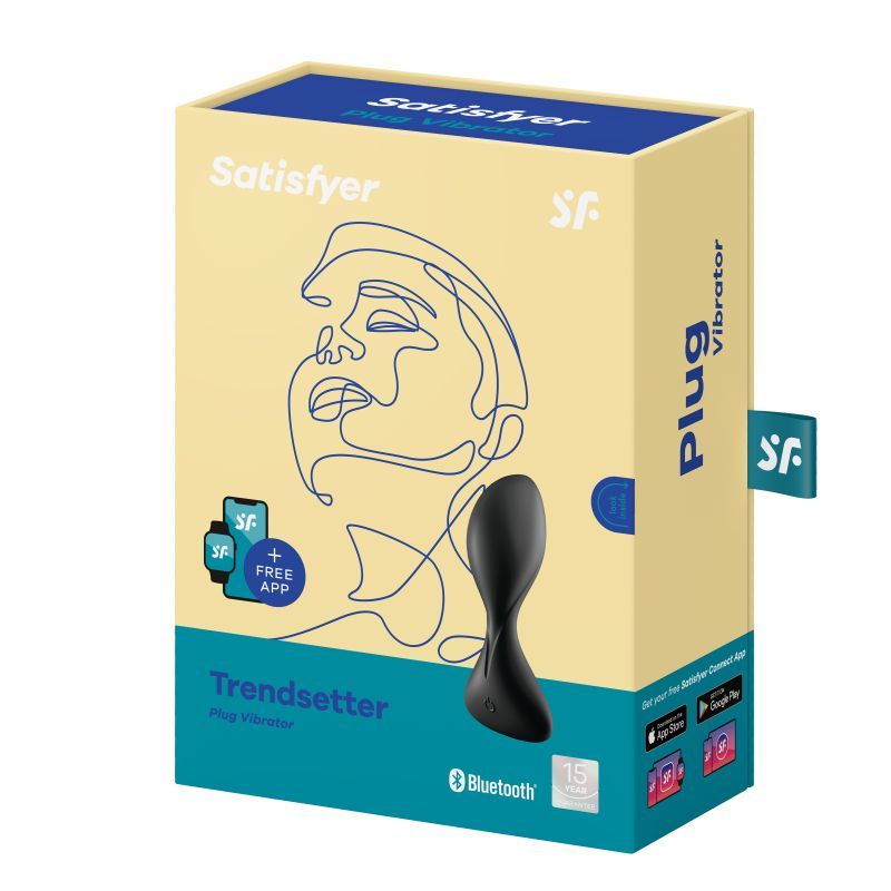 Satisfyer Trendsetter Connect App Vibrating Anal Plug Black packaging design for app controlled vibrating anal plug.