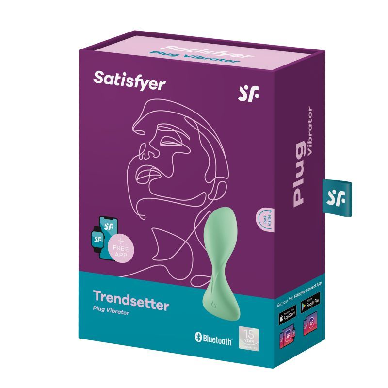 Satisfyer Trendsetter Connect app-enabled vibrating anal plug packaging design in light green color, showcasing its features.