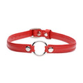 Fiery pet leather choker with ring in red, featuring a silver metal ring and adjustable snaps, perfect for stylish wear.