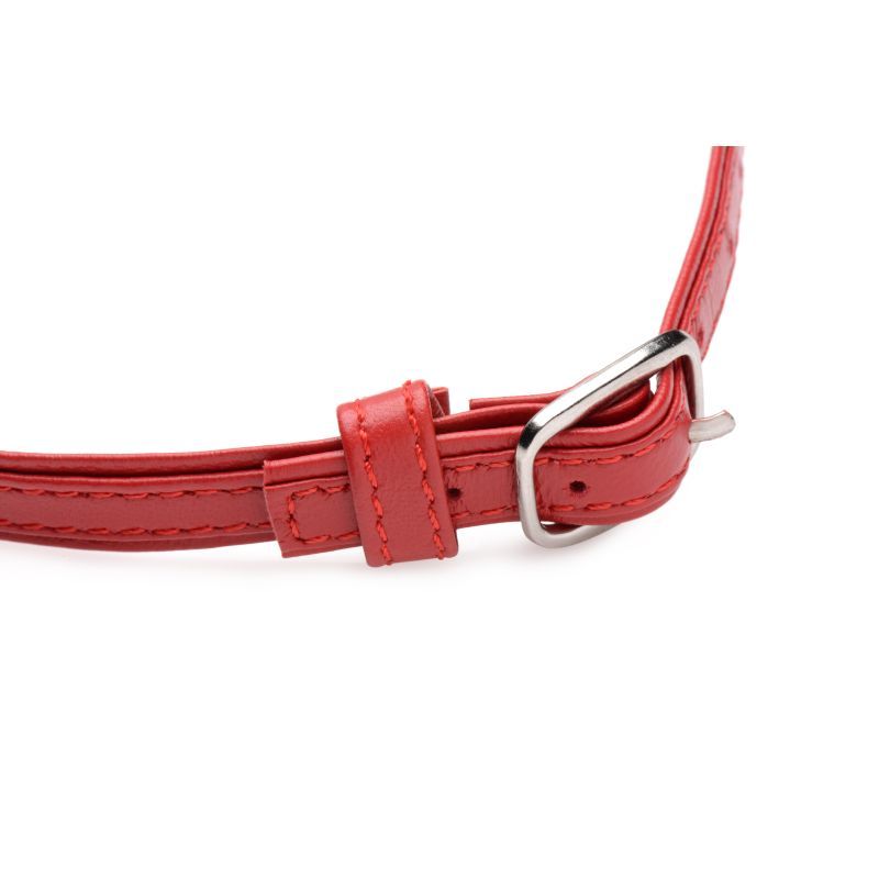 Close-up of Fiery Pet Leather Choker with Silver Ring Red, showcasing the buckle and lightweight design.