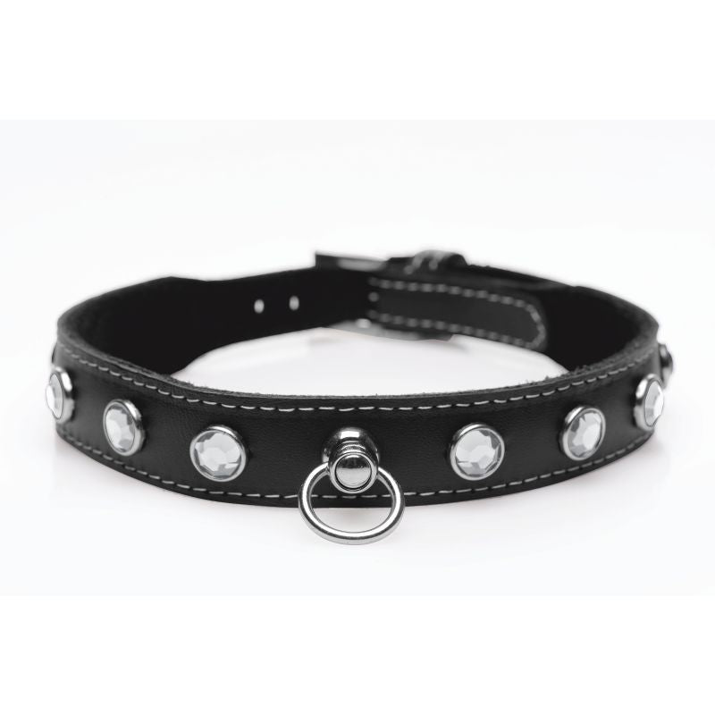 Bling Vixen Leather Choker w Clear Rhinestones adorned with glimmering rhinestones and O-Ring for accessories.