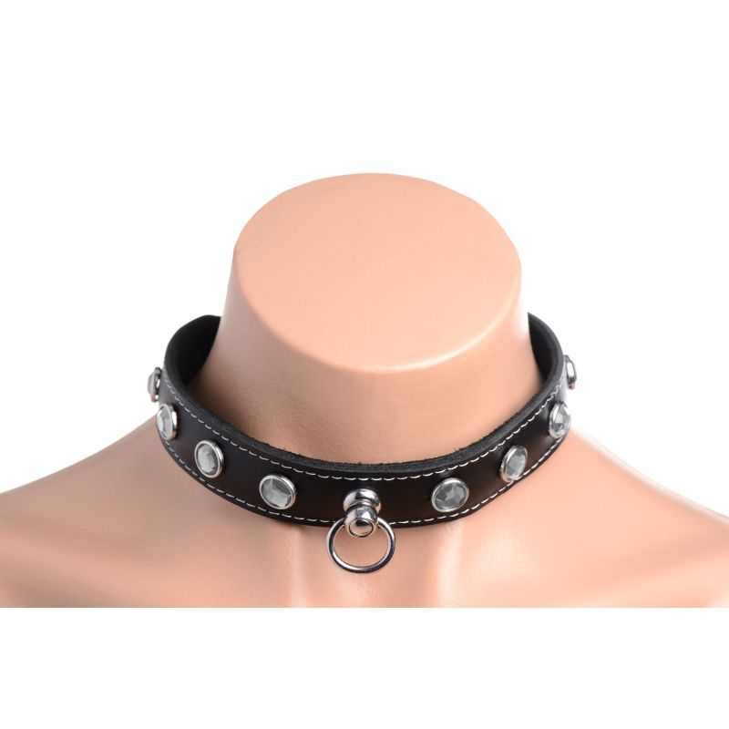 Bling Vixen Leather Choker w Clear Rhinestones showcasing a stylish collar with rhinestones and an O-ring accessory.