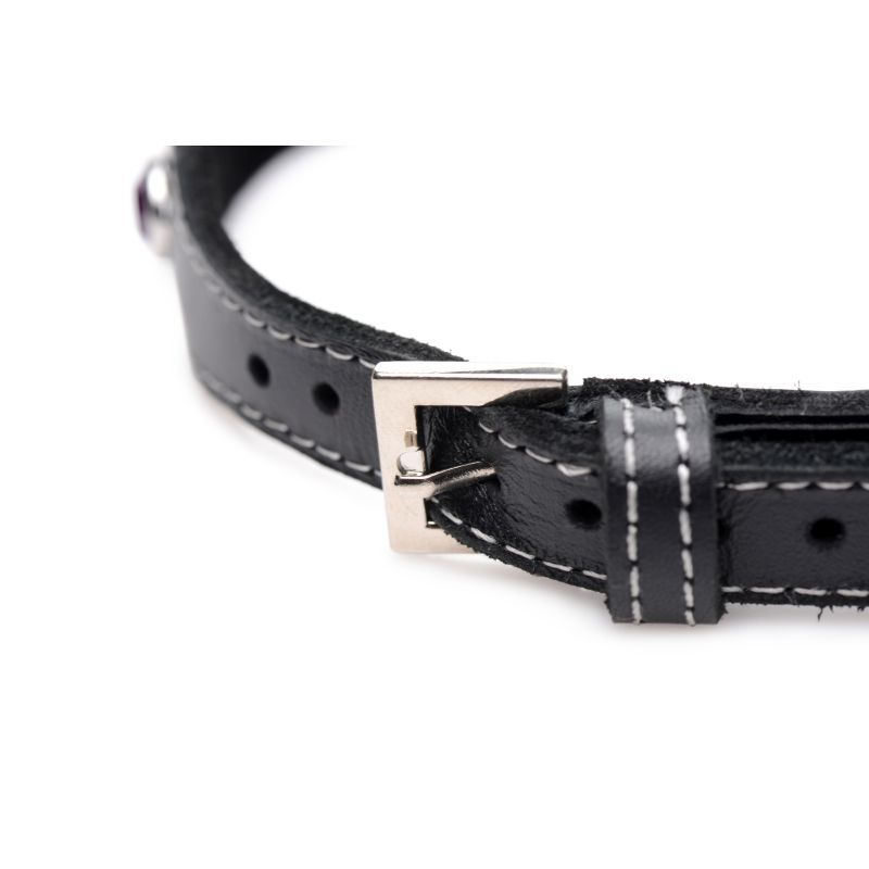 Close-up of Bling Vixen Leather Choker w Clear Rhinestones showcasing the adjustable buckle and soft lining.
