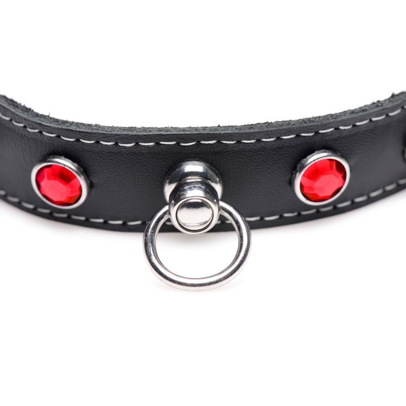 Close-up of a black leather choker featuring red rhinestones and an O-Ring, showcasing the red rhinestone leather choker design.