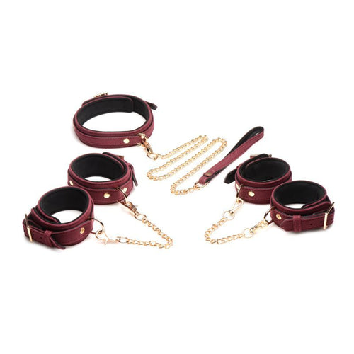 6 Pc Velvet Bondage Set Burgundy with soft suede cuffs, collar, and gold chains.