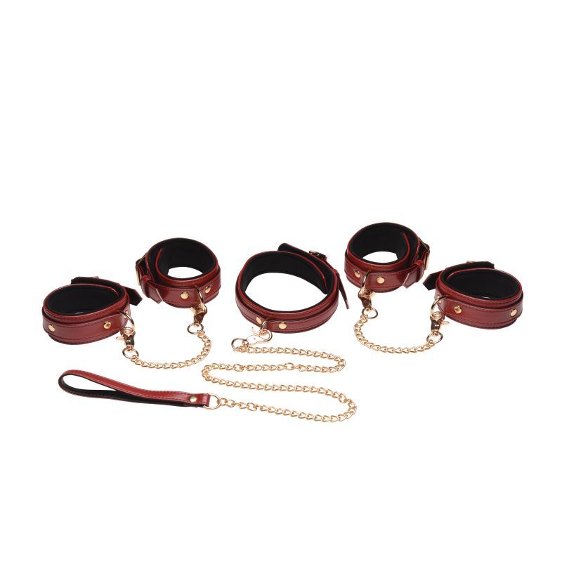 Burgundy PU leather bondage set featuring stylish cuffs with gold accents and a connecting chain for added play.