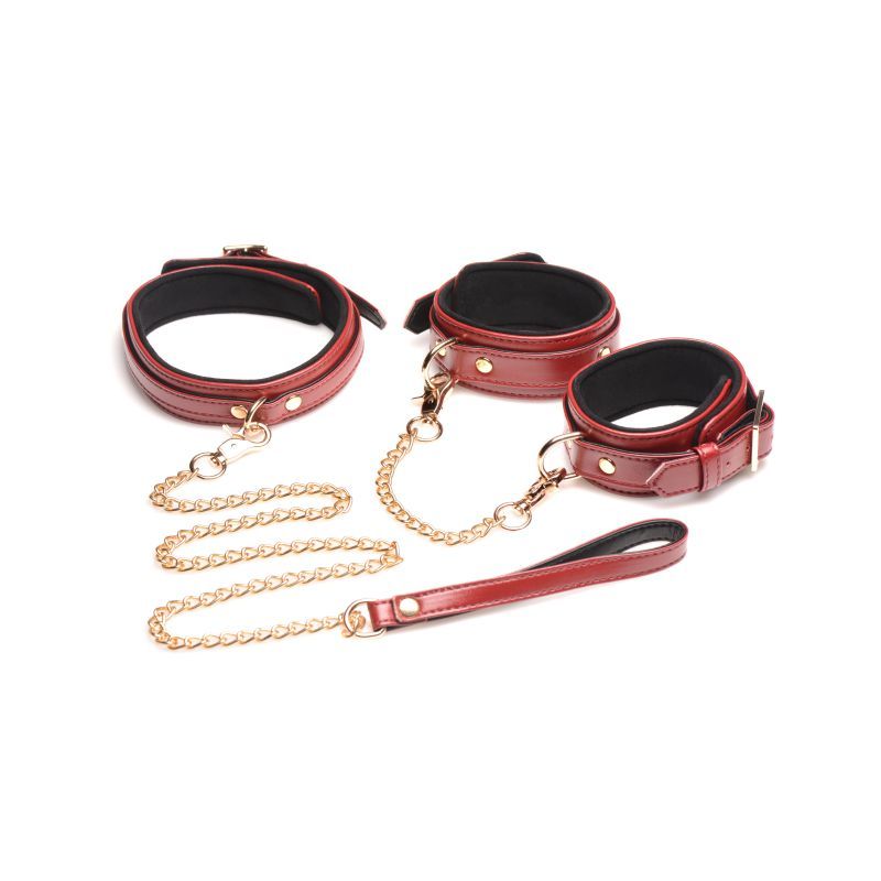 Burgundy PU leather bondage set featuring cuffs, collar, and chain for stylish restraint and sensual play.