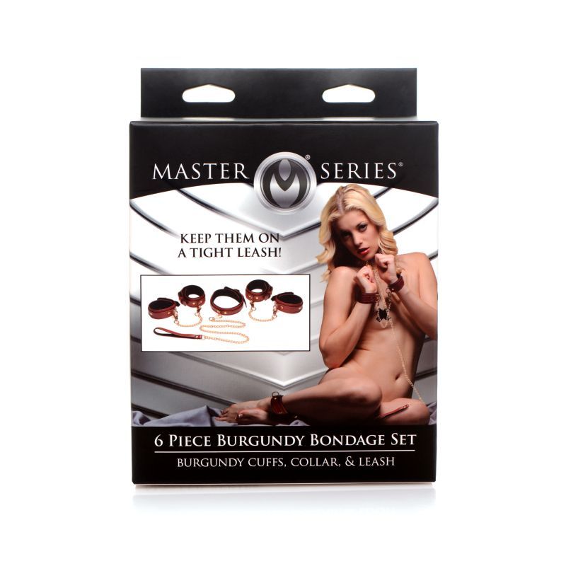 6 Pc PU Leather Bondage Set Burgundy displayed in attractive packaging with cuffs, collar, and leash for adult play.