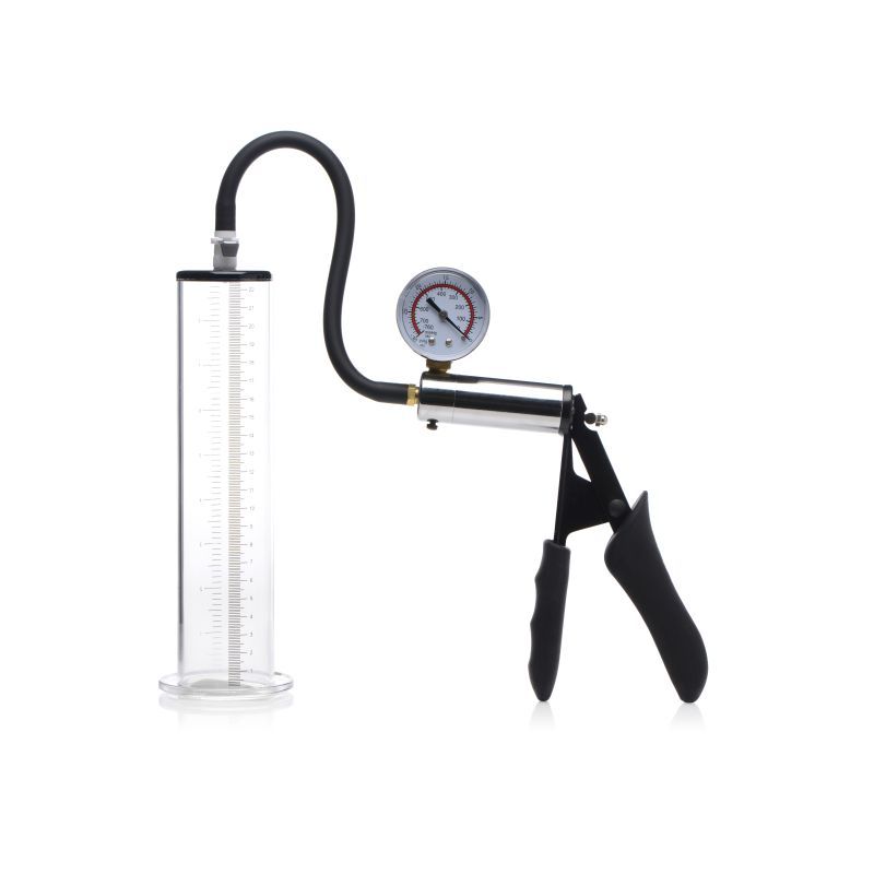 Penis pump kit with 2 inch cylinder featuring a pressure gauge and flexible hose for easy use.