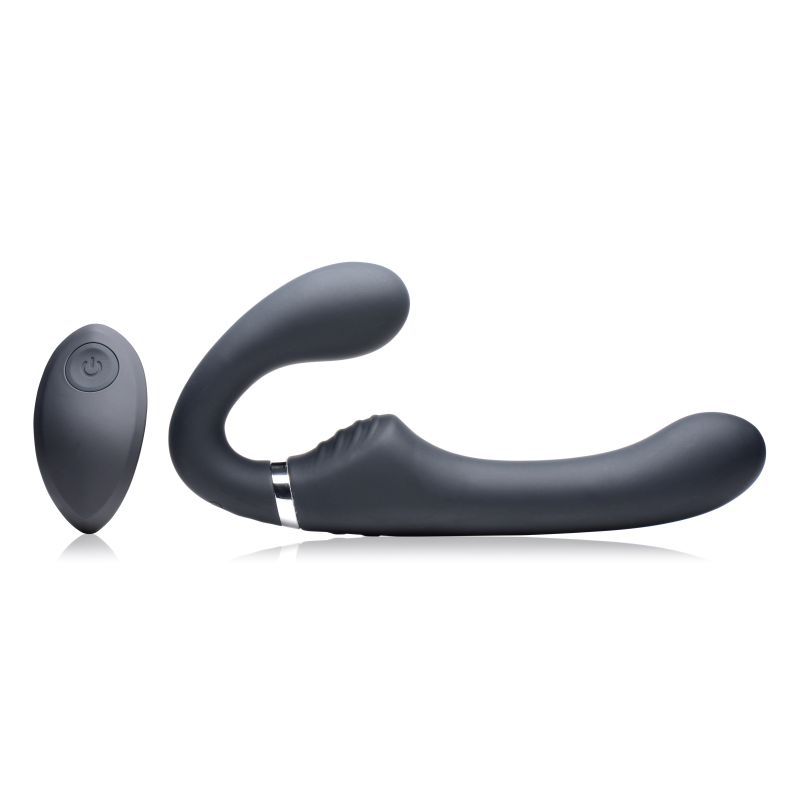 Mighty Rider 10X Strapless Strap-On Black w Remote showcasing a sleek design and a wireless remote for versatile use.