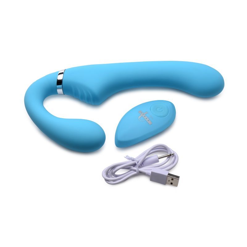 Mighty Rider 10X strapless strap-on with remote in blue color, USB charging cable included.