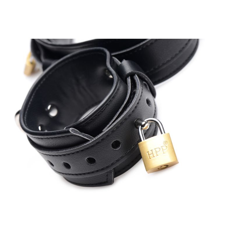 Close-up of the Frog Tie Restraint Set Black showing durable leather cuffs with lock for BDSM bondage.