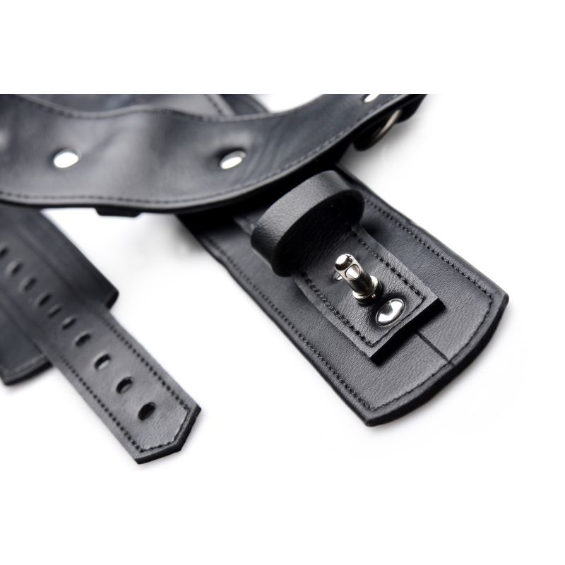 Close-up of the Frog Tie Restraint Set Black, featuring durable leather straps and locking mechanisms for bondage.