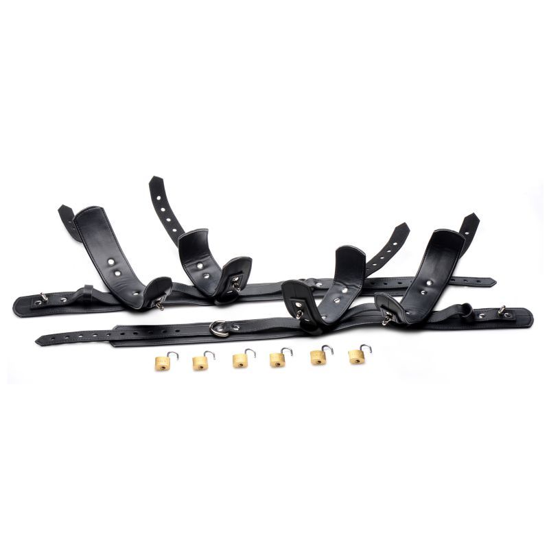 Frog Tie Restraint Set Black with adjustable straps and locks for bondage and submission play.