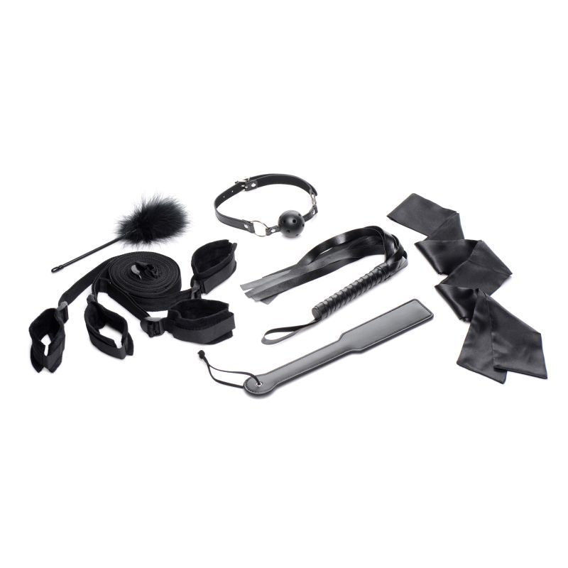 Bed Restraint Bondage Kit Black with restraints, paddle, flogger, tickler, and gag for BDSM play.