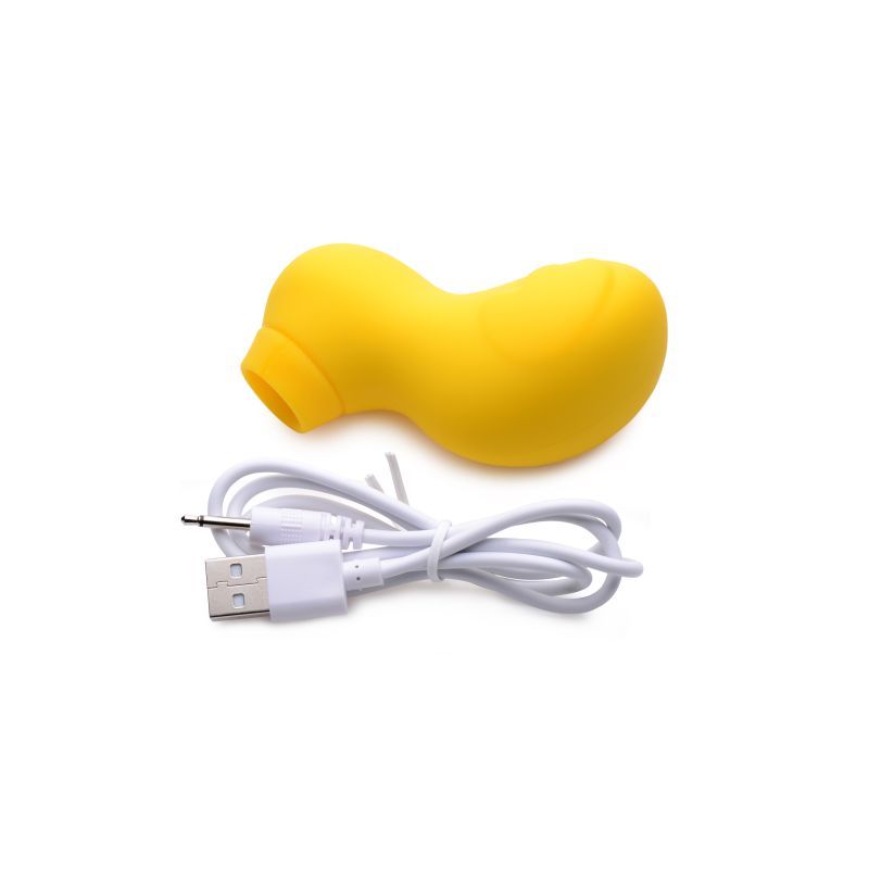 Sucky Ducky Silicone Clitoral Stimulator Yellow with charging cable, a powerful suction clitoral stimulator for pleasure.