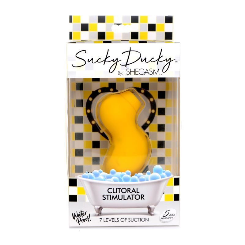 Sucky Ducky Silicone Clitoral Stimulator yellow packaging showcasing suction clitoral stimulator with 7 levels of suction.