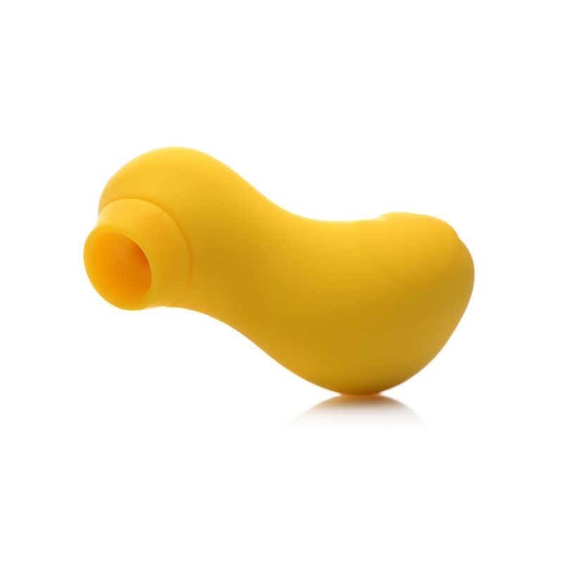 Sucky Ducky Silicone Clitoral Stimulator Yellow side view highlighting its clit sucking tip for intimate essentials for her.