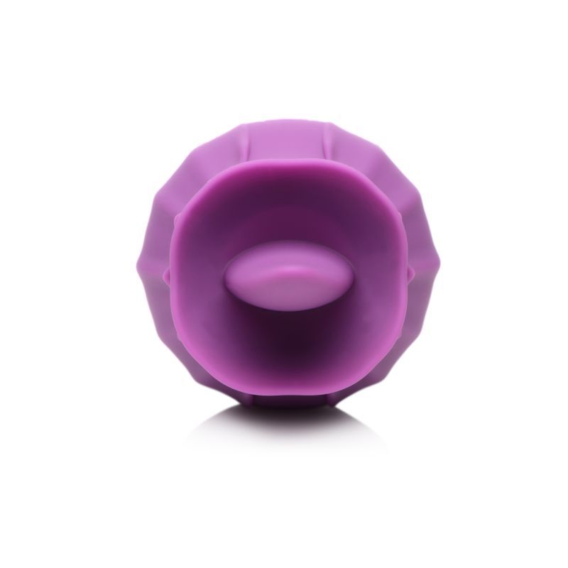 Close-up of Bloomgasm Wild Violet silicone clit stimulator, showcasing its violet shape and ergonomic design.