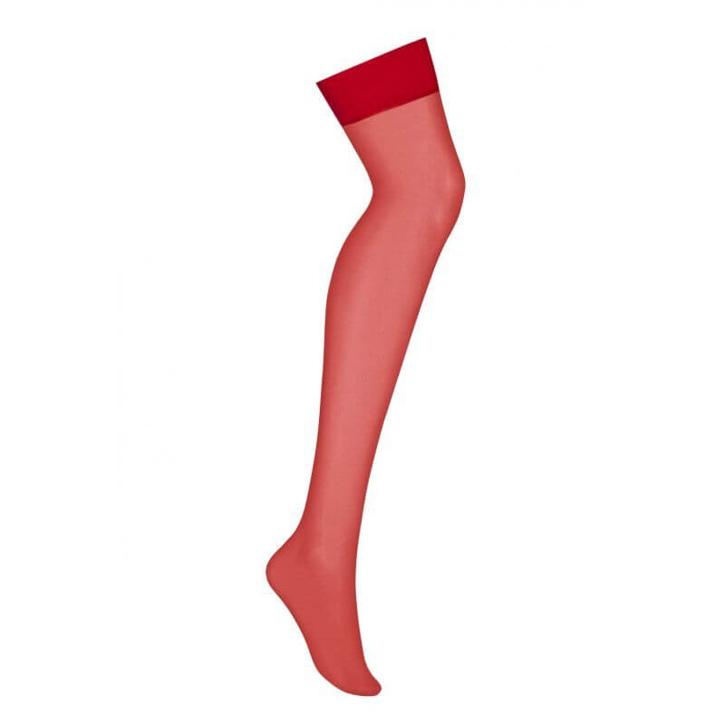 Red sheer stockings with a solid red top band, perfect for adding sex appeal to any outfit.