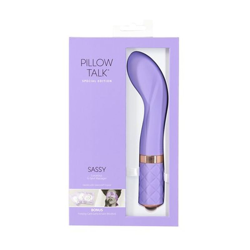 Pillow Talk Special Edition Sassy G-Spot massager with foreplay accessories in purple packaging.