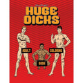 Cover of Huge Dicks Colouring Book featuring three nude male figures on a red background.