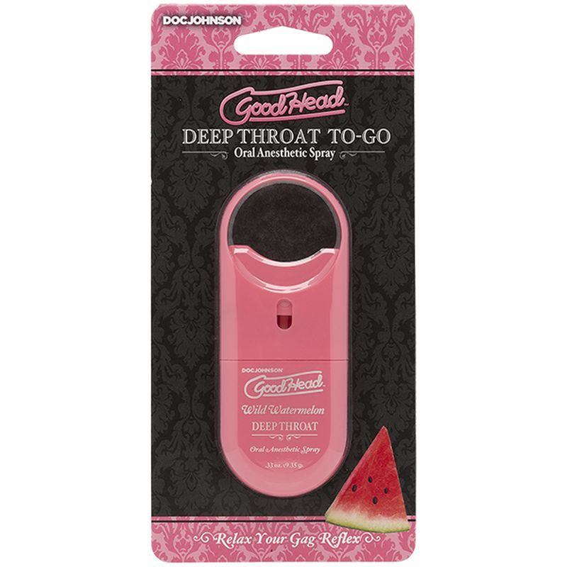 GoodHead To-Go Deep Throat Spray Wild Watermelon 9ml in pink packaging for oral anesthetic, designed for intimate essentials.