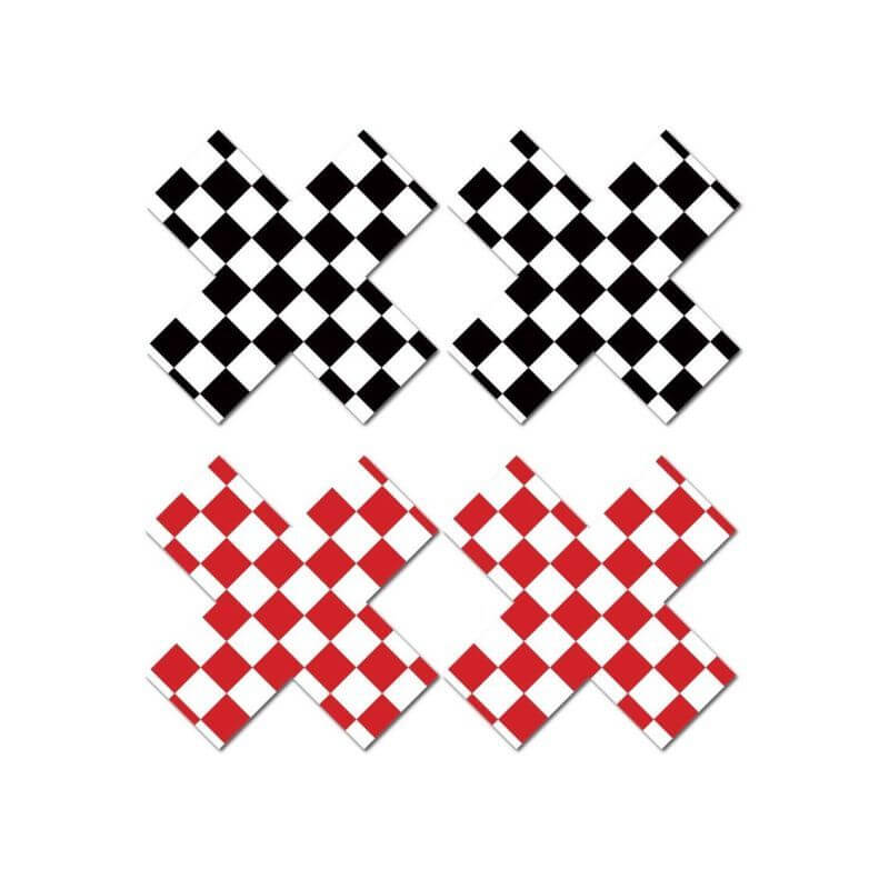 Four checkerboard X pasties from the peekaboos pasties collection in black and red designs.