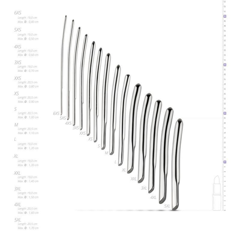 Image of a 14 piece stainless steel dilator set showing various gradient diameters for enhanced pleasure.