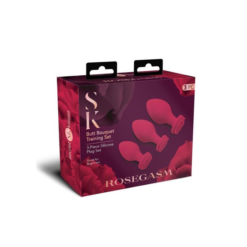 Secret Kisses Rosegasm Butt Bouquet Training Set, 3-piece silicone plug set for beginners, featuring rosebud anal training set.