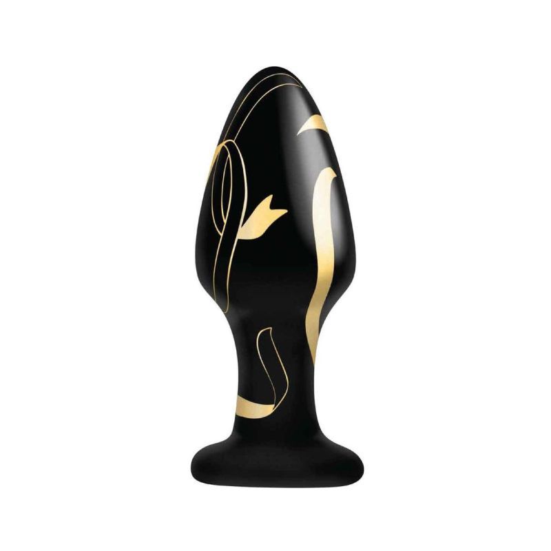 Handblown glass anal plug with elegant black and gold design, perfect for intimate play.
