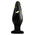 Handblown glass anal plug with stylish black and gold design, ideal for intimate exploration and pleasure.