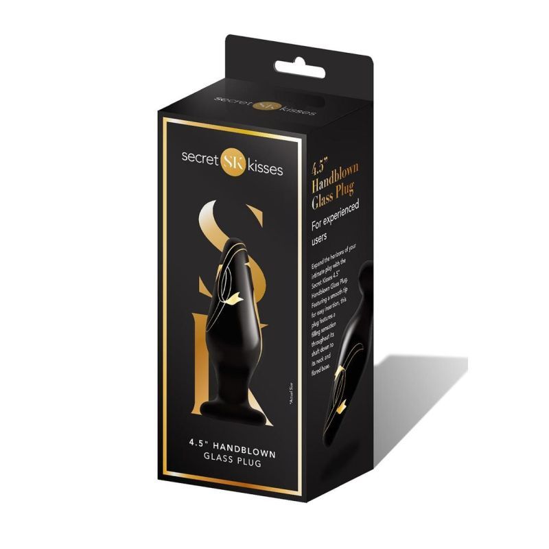 Secret Kisses Handblown Wide Glass Plug 4.5in packaging featuring sleek design and product details for intimate essentials for her.