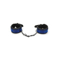 Blue whip smart diamond bondage cuffs connected by a chain for secure and comfortable restraint.