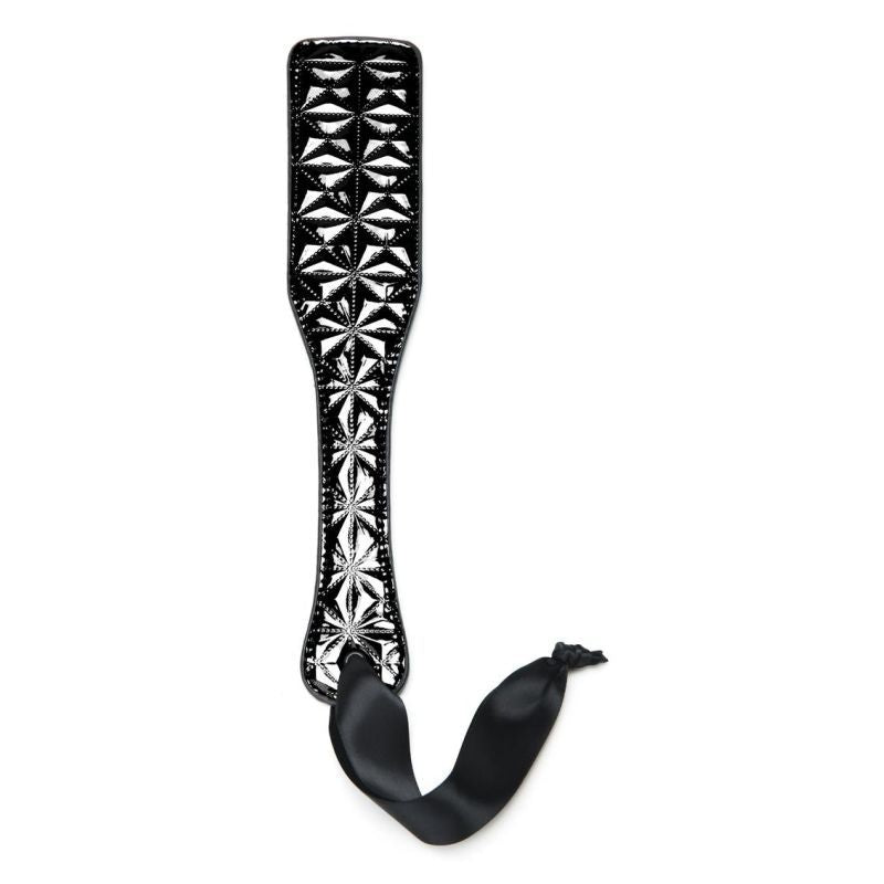 Whip Smart Diamond Paddle Black, a diamond textured paddle with wrist ribbon for unique sensations.