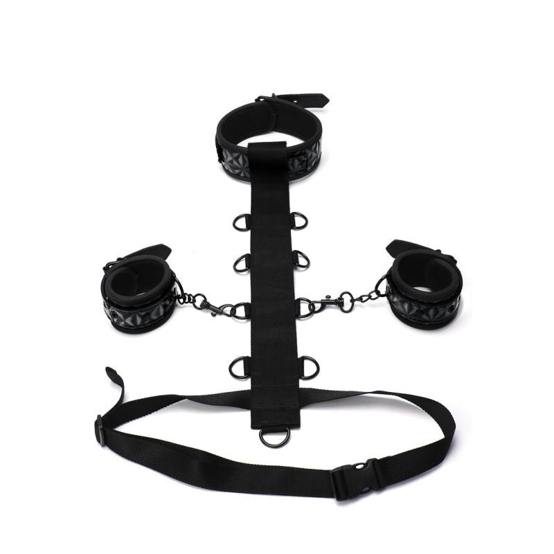 Whip Smart Diamond Body Restraint 3 Pc Set Black featuring padded cuffs and choker strap for ultimate restraint.
