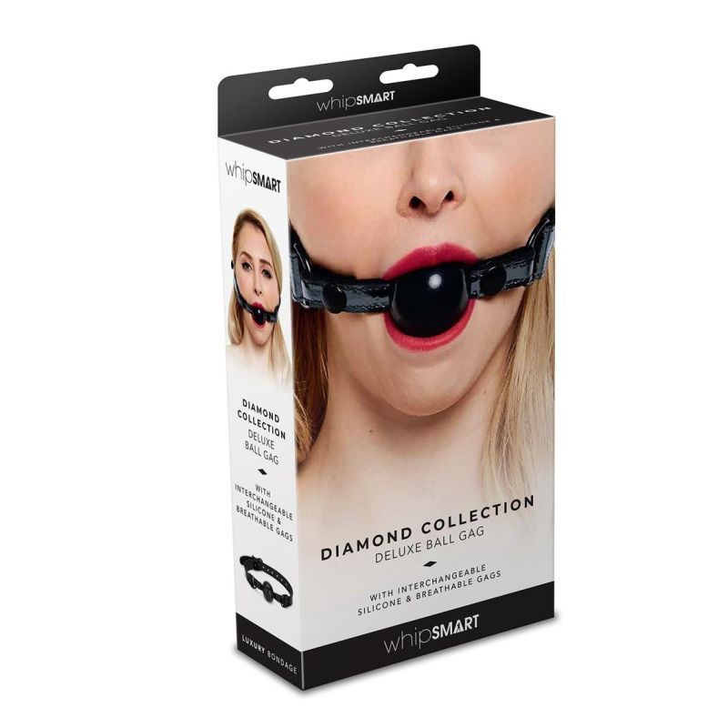 Whip Smart Diamond Deluxe Ball Gag packaging shown on a model, highlighting the stylish design of the diamond ball gag.