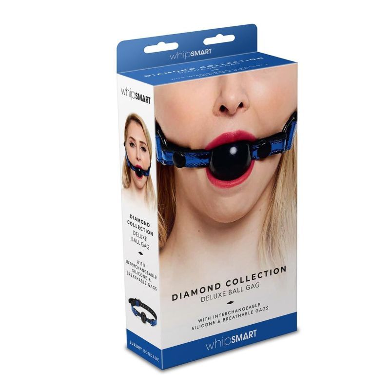 Whip Smart Diamond Deluxe Ball Gag Blue packaging showcasing diamond ball gag for bondage and its stylish design.