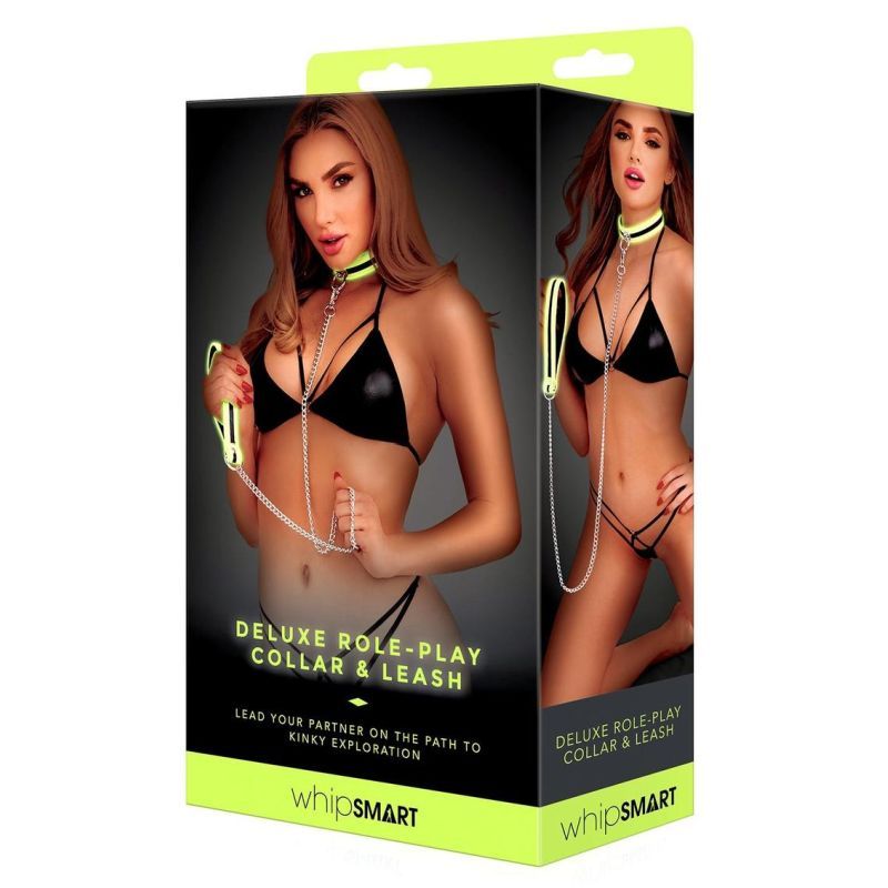 Whip Smart glow in the dark collar and leash packaging, featuring a model wearing the collar and leash set.
