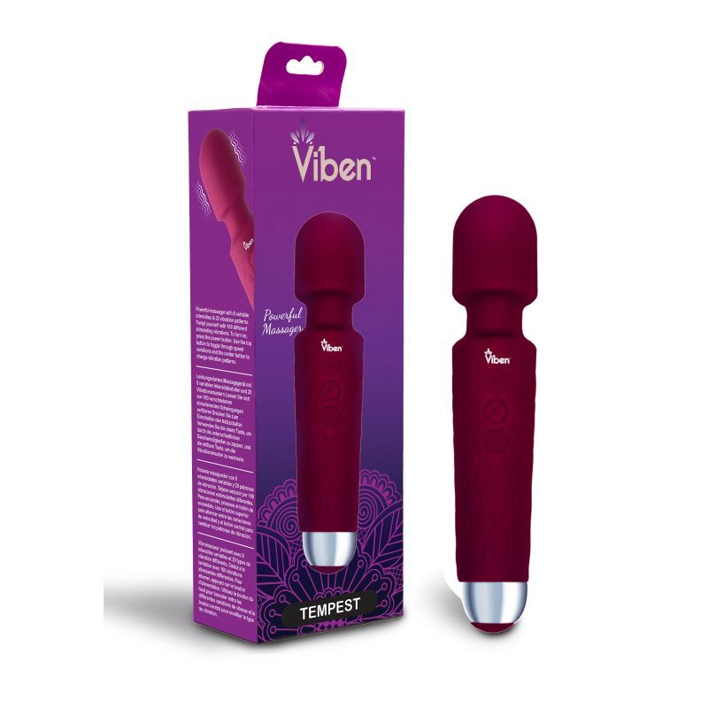 Viben Tempest rechargeable wand massager in ruby color with packaging, showcasing its design and features.