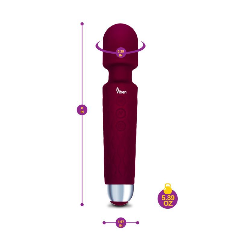 Viben Tempest Rechargeable Wand Massager Ruby dimensions and details, a premium silicone personal massager.