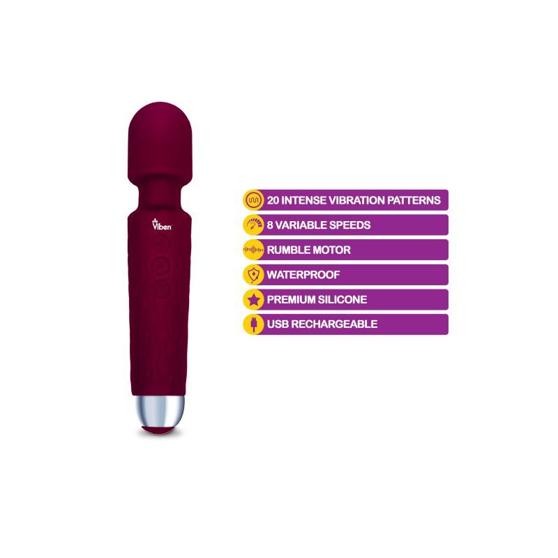 Viben Tempest rechargeable wand massager features 20 vibration patterns, 8 speeds, and is USB rechargeable.