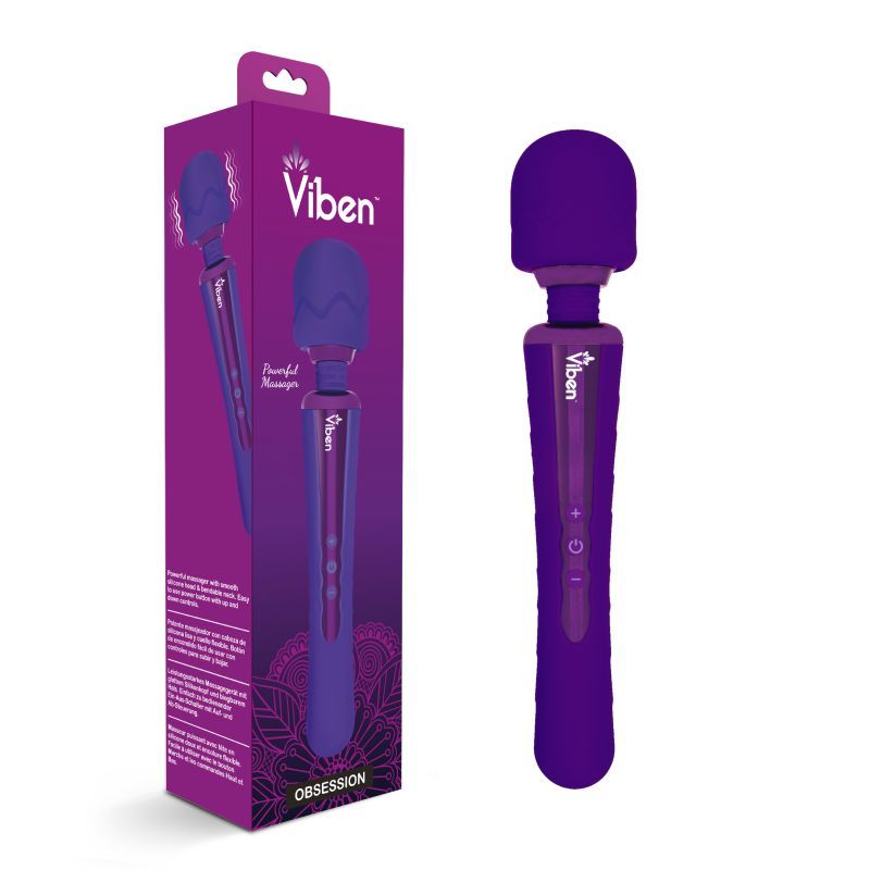 Viben Obsession rechargeable wand massager in violet packaging, showcasing smooth silicone head and bendable neck.