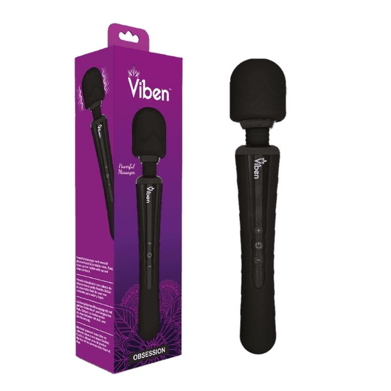 Viben Obsession Rechargeable Wand Massager Black with packaging showcasing features and design.