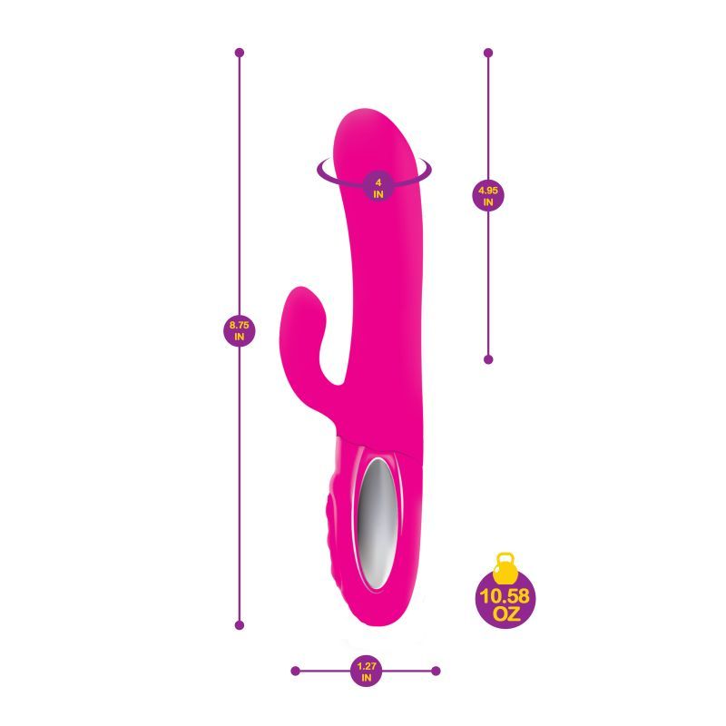 Viben Hypnotic Thrusting Rabbit Vibe in hot pink displaying dimensions and weight for better understanding of the product.