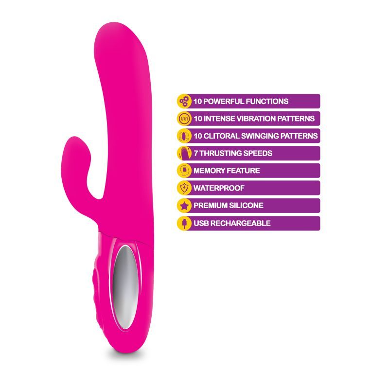 Viben Hypnotic Thrusting Rabbit Vibe showcasing 10 powerful functions, waterproof design, and USB rechargeable feature.