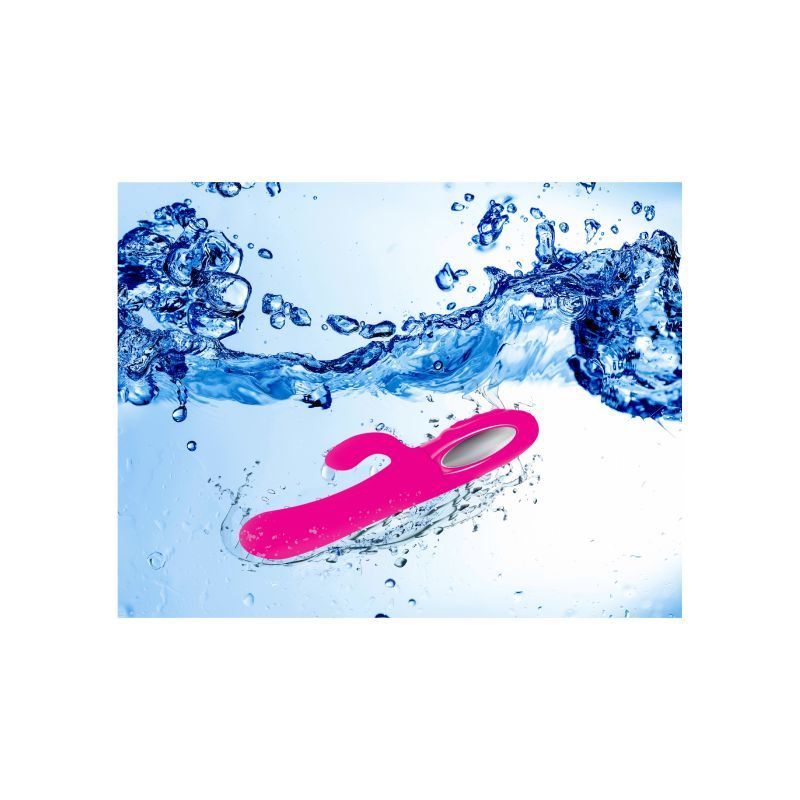 Viben Hypnotic Thrusting Rabbit Vibe in hot pink splashing in water, showcasing its waterproof feature.