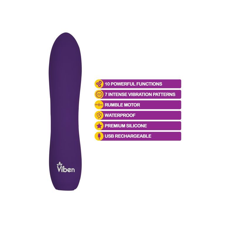 Viben Vivacious Rumble Motor rechargeable bullet vibrator features 10 functions, 7 patterns, waterproof design, and premium silicone.