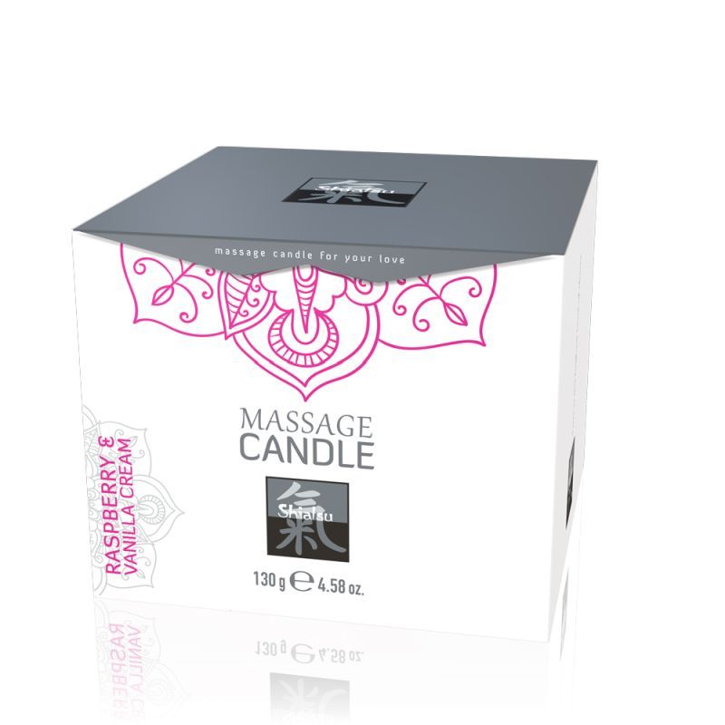 Shiatsu Massage Candle Raspberry Vanilla packaging with sensual design and aroma for intimate moments.